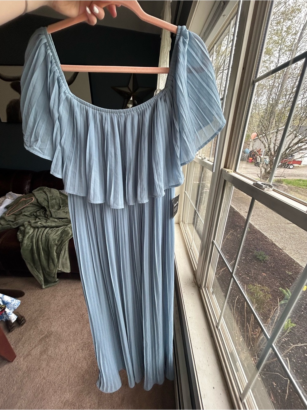 Soieblu Powder Blue Off-Shoulder Pleated Maxi Dress